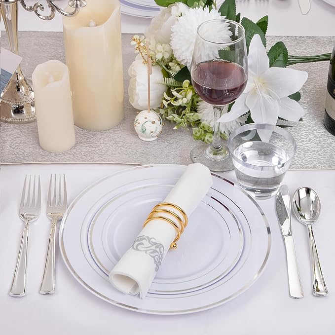 I00000 350Pcs Silver Plastic Dinnerware Set, Plastic Plates Disposable for 50 Guests Include: 100 Silver Rim Plates, 50 Paper Napkins, 50 Cups, 50 Plastic Silverware Set Perfect for Party & Wedding