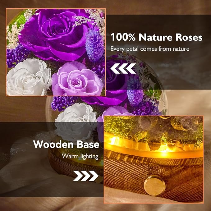 Forever Flowers for Delivery Prime, Preserved Rose in Glass Dome, Gifts for Women Birthday, Long-Lasting Flowers for Mom Wife Grandma Valentine's Day Mother's Day Christmas Anniversary, Purple