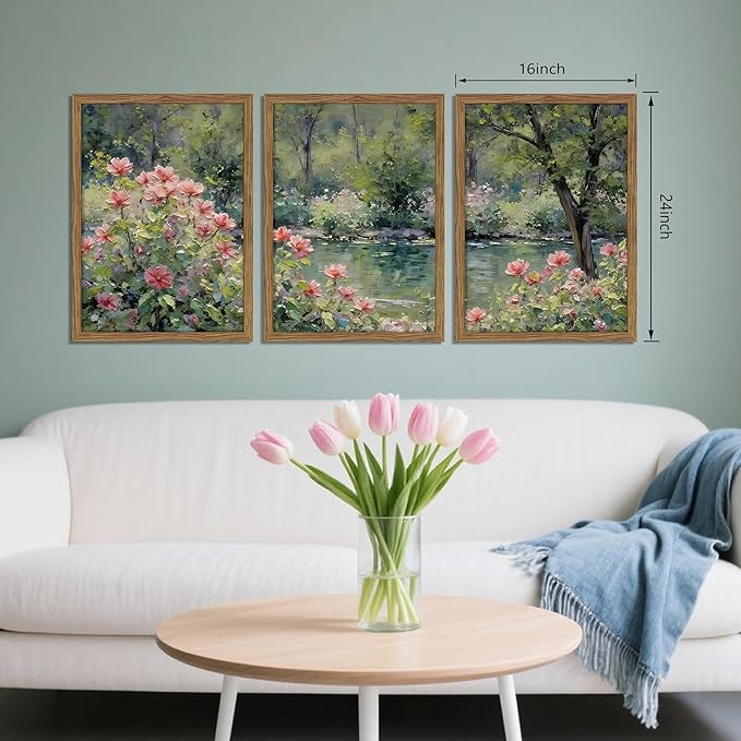Framed Monet Wall Art Set of 3, Impressionist Botanical Floral Canvas Wall Decor