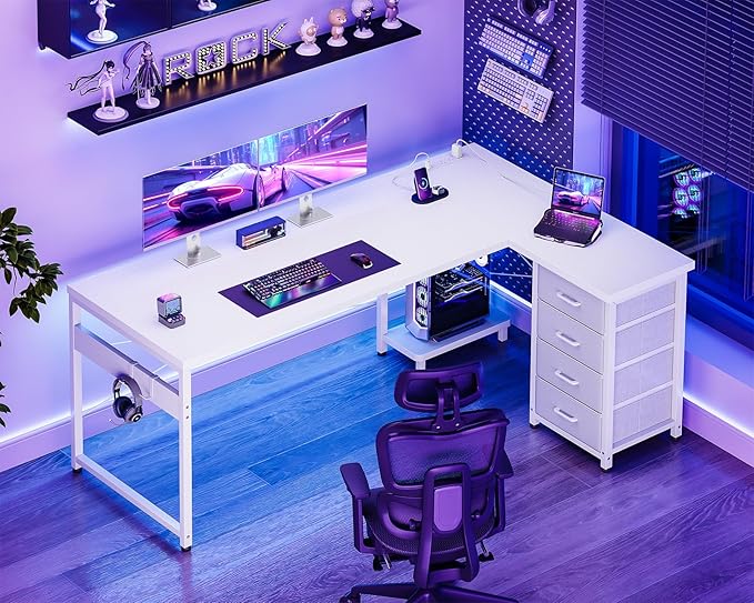 AODK L Shaped Gaming Desk with 4 Drawers, 61" Reversible Home Office Desks with Power Outlets, L Shaped Computer Desk with USB Charging Port and Host Stand, Corner Desk, Easy to Assemble, White
