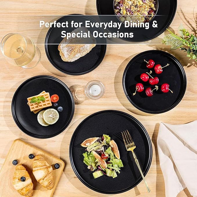 GBHOME Ceramic Dinnerware Sets for 8, Stoneware Plates and Bowls Sets, Chip and Scratch Resistant Dishes, Dishwasher & Microwave& Oven Safe Dishes sets, Reactive Glaze-Black
