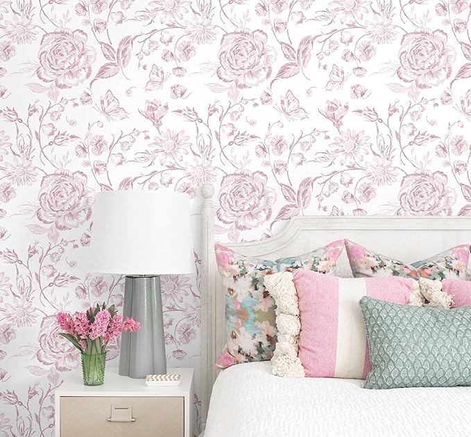 Yasinet Pink Floral Wallpaper Boho Peel and Stick Wallpaper Pink and White