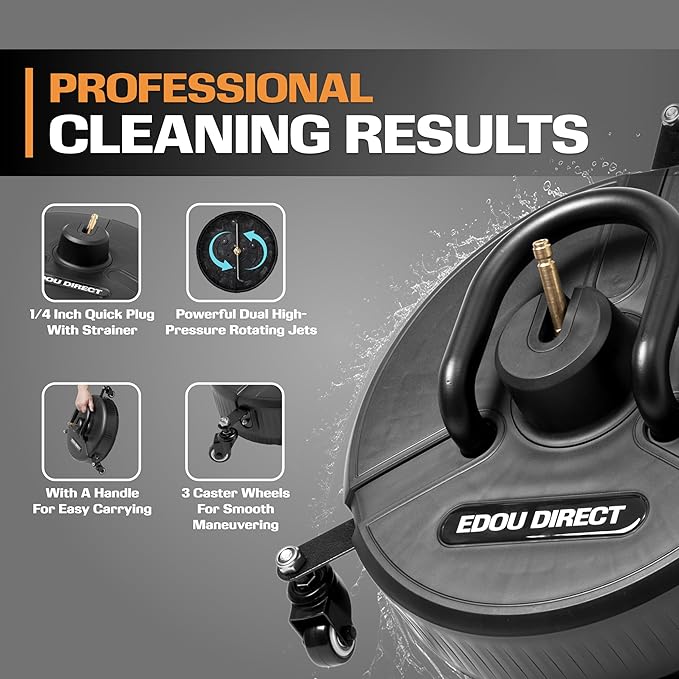 Edou Direct - Pressure Washer Surface Cleaner with Wheels and Handle - Heavy-Duty Plastic - 15'' - Compatible with Most Electric Pressure Washers - 1/4 Inch Quick-Connect - Black