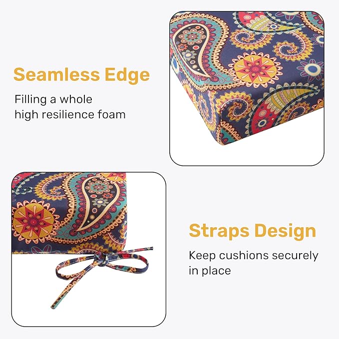 UNIKOME Outdoor Chair Cushions Pack of 4, Water Resistant Patio Cushions with Ties, High Density Sponge Filling Square Corner Seat Cushions for Outdoor Furniture, 18.5"*16"*3", Palmira Paisley