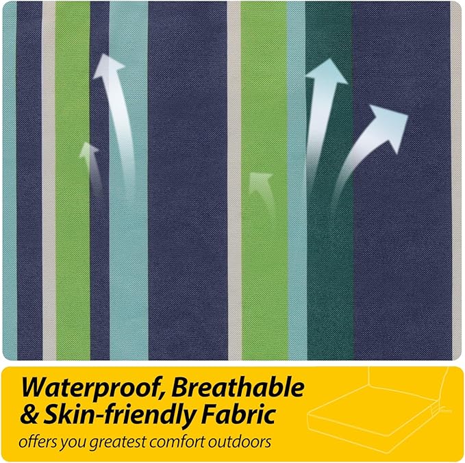 AAAAAcessories Outdoor Seat Cushions for Chairs, Fade-Resistant, Waterproof Patio Furniture Replacement Cushions, 25.5" x 25.5" x 5" + 25.5" x 13.5", Stormy Teal Coastal Stripe