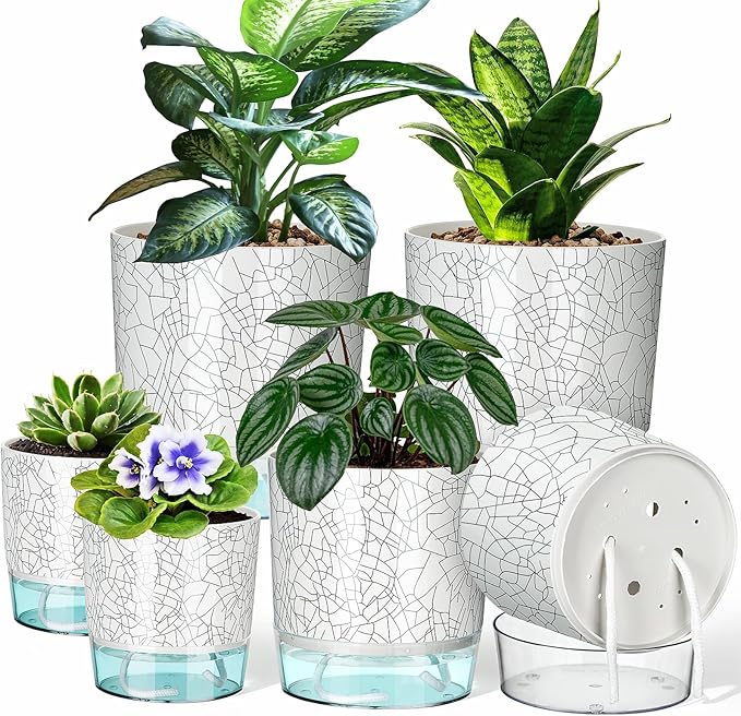 6 Pack Self Watering Pots for Indoor Plants, 4+5.5+6.3 Inch Self Watering Plant Pots Set, Flower Pots with Wick Rope and Reservoir for African Violet, Spider Plant, Orchid - Crack Texture