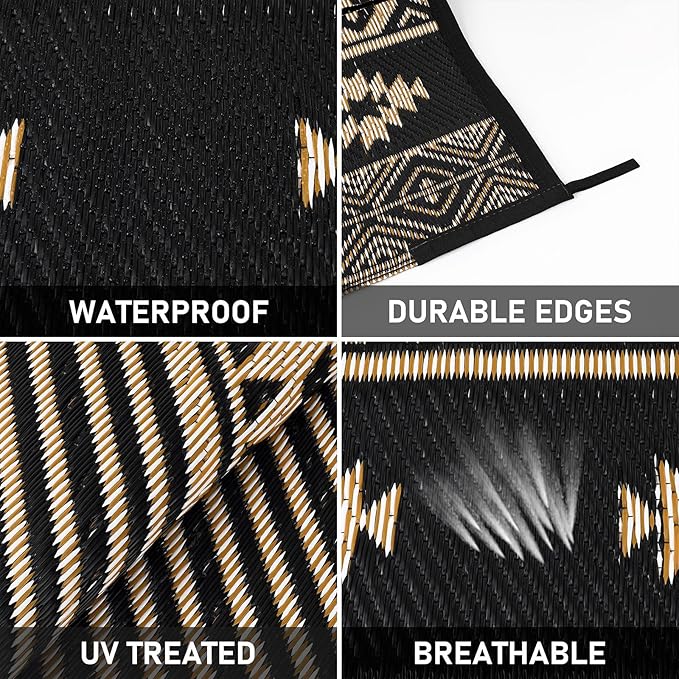 HiiARug Outdoor Rug for Patio Clearance,10'x14' Waterproof Mat,Beach Mat,Reversible Plastic Camping Rugs,Rv,Front Porch Decor,Deck,Camper,Balcony,Backyard,Boho Black