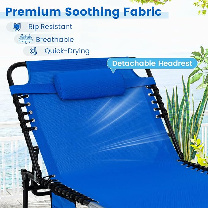 Goplus Chaise Lounge Chair Outdoor, Extra Large Folding 5-Postion Beach Bed with Detachable Pillow, Side Pocket, Adjustable Sunbathing Tanning Chair for Patio Lawn Pool Yard