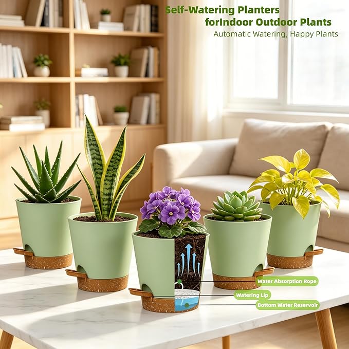 12 Pack 4 Inch African Violet Pots Self Watering, Self-Watering Planters with Drainage Holes & Reservoir, Green Brown Plastic Pots for Indoor Outdoor Plants, Succulents & Flowers