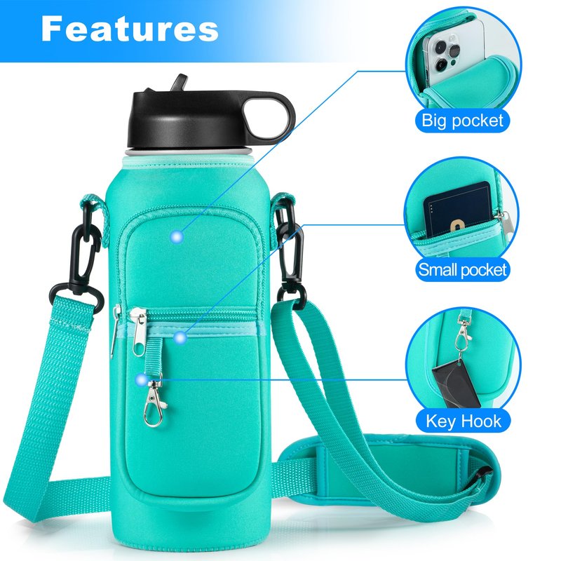 RRegeny Water Bottle Holder with Strap for Hydroflask 32oz 40oz, Carrier Sling Bag with Phone Pocket Water Bottle Sleeve for Men Women Hiking Camping Travelling（Green 32oz）