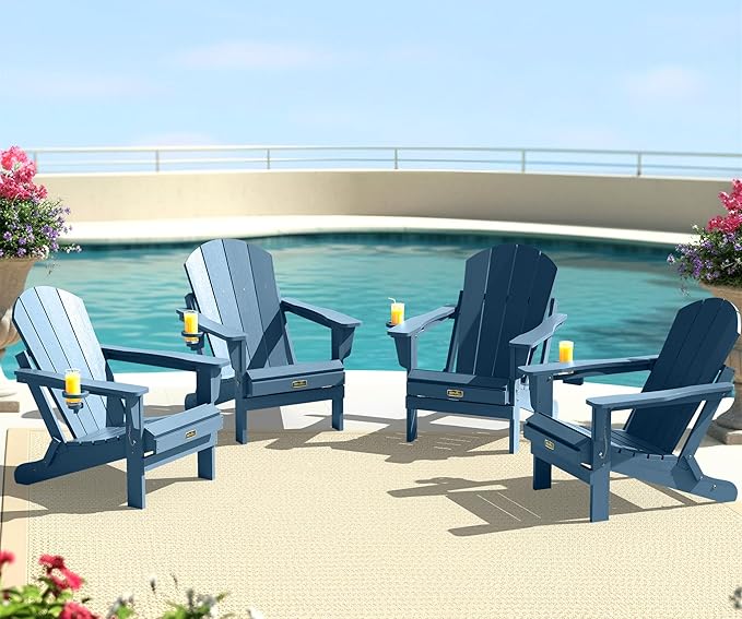 SERWALL Folding Adirondack Chair Outdoor Adirondack Chairs with Cup Holder, Weather Resistant Fire Pit Chairs for Patio - Blue