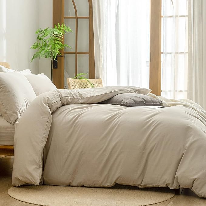 BESTOUCH Duvet Cover Set 100% Washed Cotton Linen Feel Super Soft Comfortable Chic Lightweight 3 PCs Home Bedding Set Solid Almond Milk Grey Super King Plus