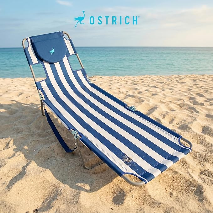 Ostrich Beach Lounge Chair, Folding & Reclining Outdoor Chaise Lounger, Blue/White Striped - Portable Adjustable Recliner Chair for Lawn, Pool, Patio, Garden, and Yard