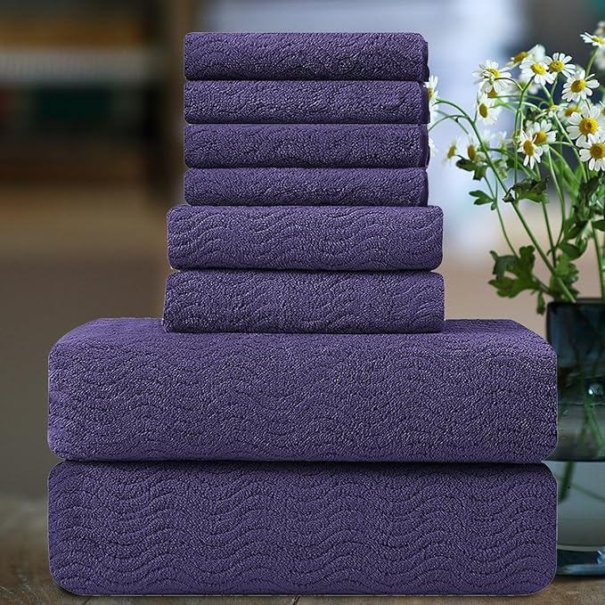 Ultra Soft 8 Piece Textured Bath Towel Set for Bathroom Shower Pool, Kitchen, Quick Dry, Lightweight Highly Absorbent - 2 Oversized Bath Towel Sheets, 2 Hand Towels, 4 Washcloths
