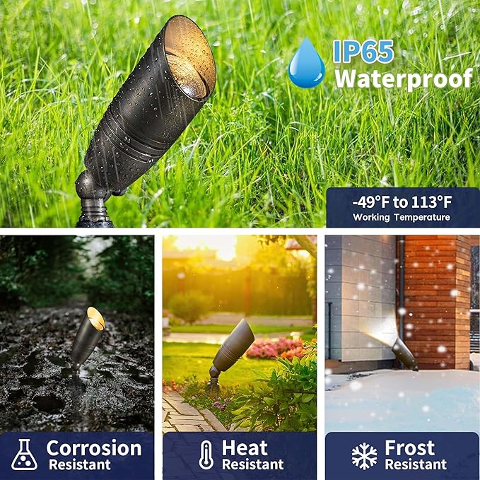 Low Voltage Spot Lights - Solid Brass Landscape Spotlight Wired, 12V Outdoor LED Uplights Waterproof, Electric Bronze Adjustable Focus for Patio Wall Without MR16 Bulb (6 Pack)
