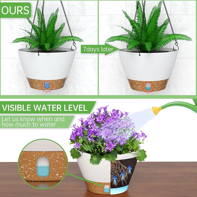 ZMTECH 2 Pack 8 Inch Hanging Planters for Indoor Plants, Modern White Hanging Planter with Visible Water Level Window & Removable Tray, Decorative Plant Hanger Indoor for Home Decor