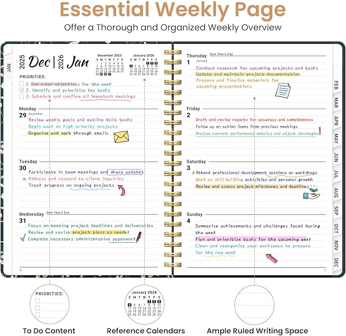 2026 Planner, Weekly and Monthly Planner for Women, Jan 2026 - Dec 2026 Pretty 2026 Calendar Planner with Monthly Tabs, Inner Pocket, Spiral Binding, Perfect for Office Home School - 6.3" x 8.5", Floral Vine