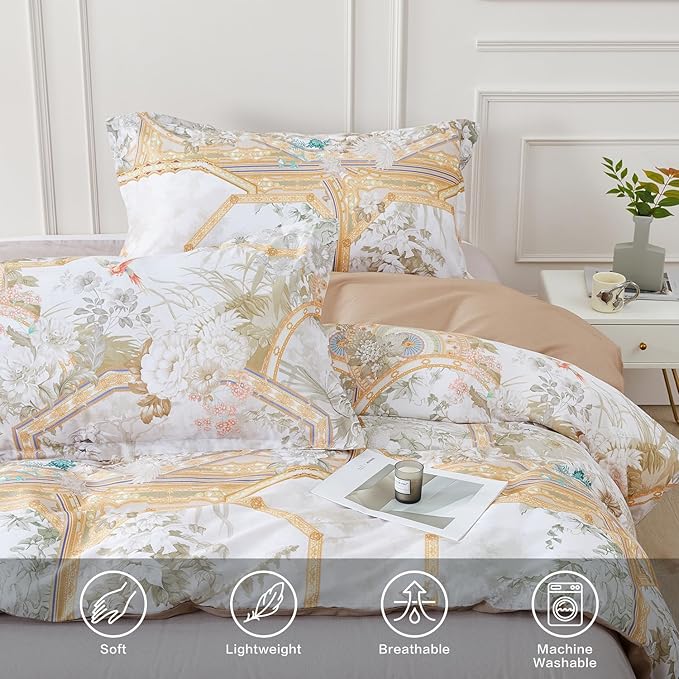 SAPHREAS Gold Floral Duvet Cover Set 2pcs Twin Size White Flower Botanical Blossom Bedding Comforter Cover Set 100% Cotton 1 Duvet Cover 68"x90" 1 Pillow Sham, Comforter Not Included