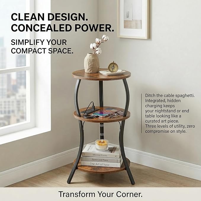 Small Round Side Table with Charging Station, 3-Tier Waist Circular End Table with Storage Shelf, Compact Tea Sofa Side Table Small Spaces, Round Corner Coffee Table for Living Room Bedroon,Brown