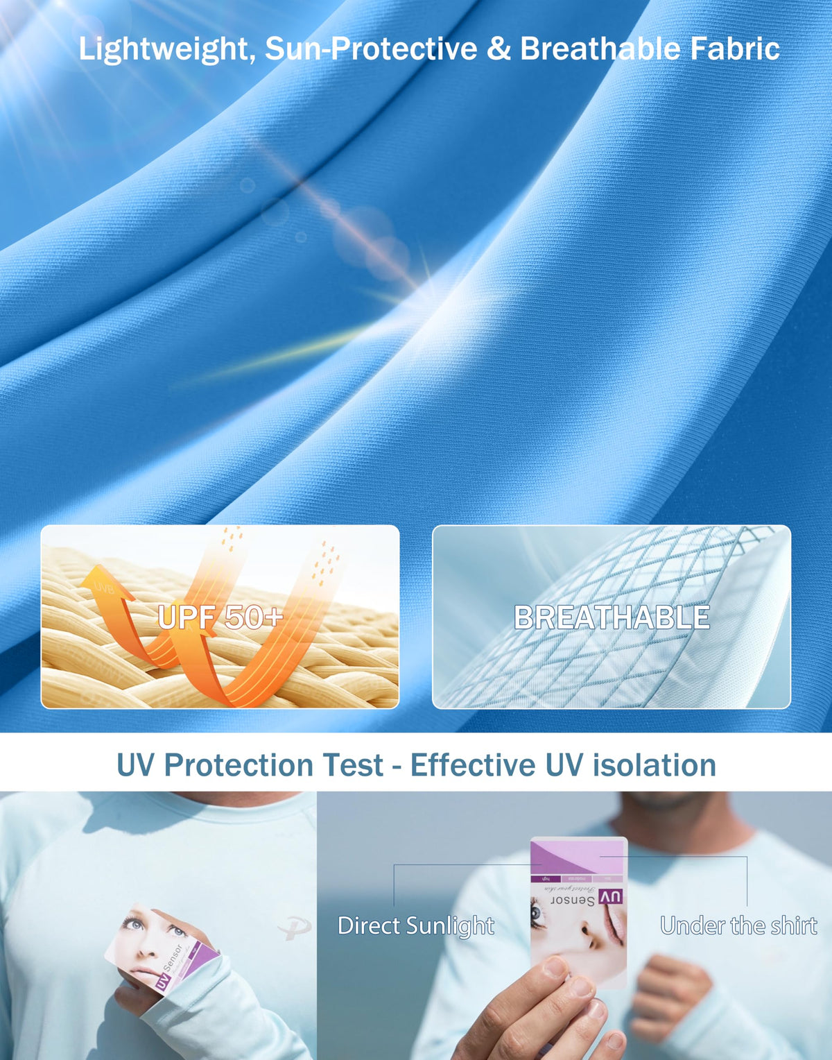 Pudolla Mens Sun Protection Shirts UV SPF T-Shirts UPF 50+ Long Sleeve Rash Guard Fishing Running Quick Dry(Sky Blue XL)