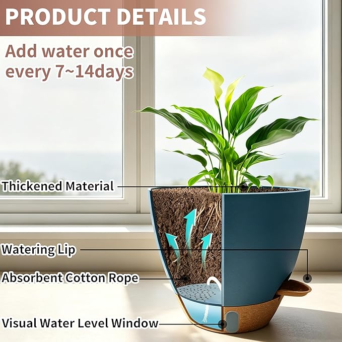 12"/10"/9"/8" Self Watering Pots with Visual Water Window,Extra Large Self Watering Plant Pots with Drainage Holes & Saucers,Blue Planters for Indoor Plants,4-Pack