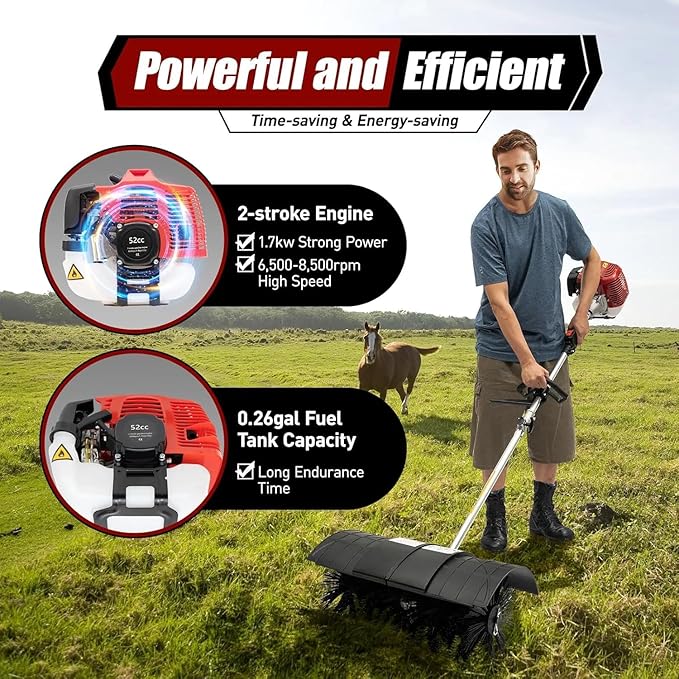 2-Stroke 52CC Handheld Sweeper Power Broom for Artificial Turf, Cleaning Driveway Turf Lawns Grass Gas Powered Sweeping Broom, 2.3HP Single Cylinder Grass Power Brush Lawn Sweeper Cleaner Tools