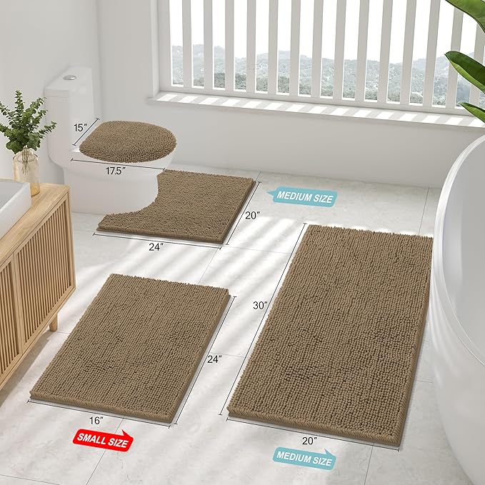 Smiry Luxury Chenille Bathroom Rugs 24x16, Extra Soft and Absorbent Shaggy Bath Mat, Machine Washable, Non-Slip Plush Carpet Runner for Tub, Shower, and Floor, Home Decor Accessories, Camel