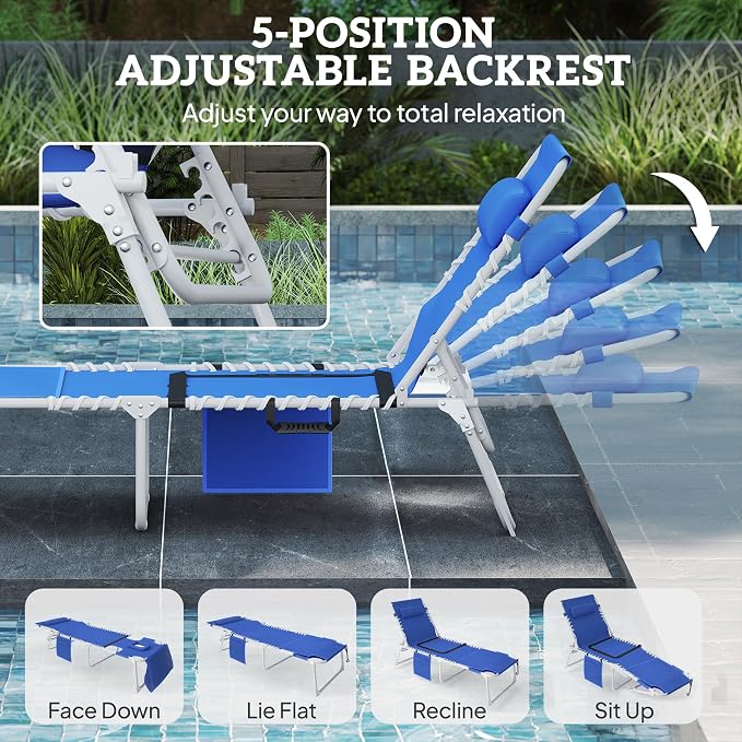 Outsunny Tanning Chair with Face Hole, Side Table, 5-Position Reclining Folding Chaise Lounge Chair Outdoor Lounger Recliner, Carry Straps for Beach Pool Camp, Breathable Mesh, Navy Blue