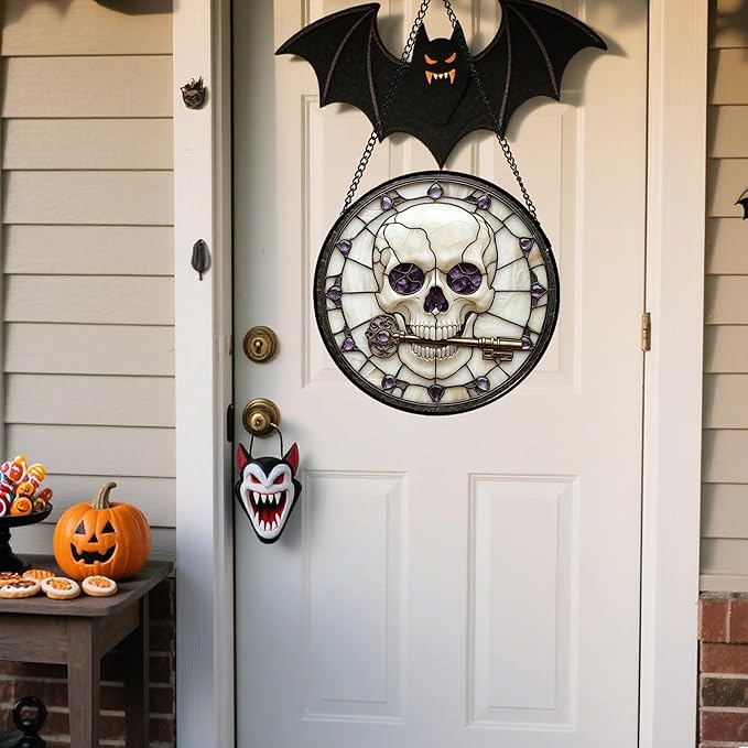 Stained Glass Window Hanging - Halloween Scary Skull Suncatcher for Doors Garden Home Spooky Purple Skeleton Key Sun Catchers Gothic Decor Horror Gifts for Women Men Friend Boy Girl 15 in
