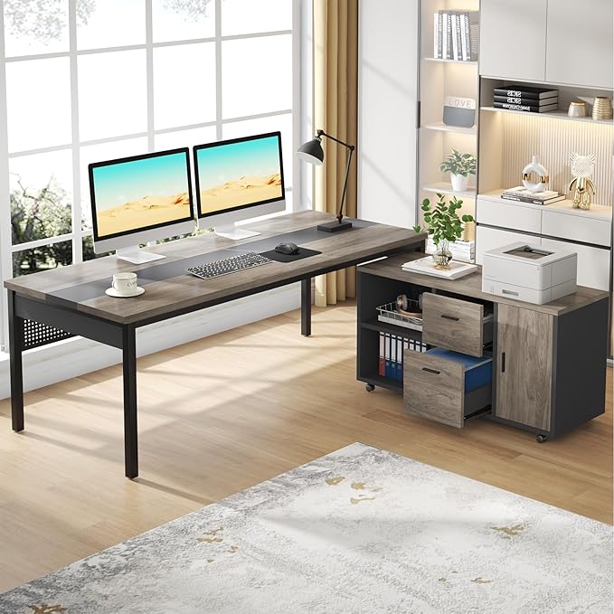 Tribesigns 71 inch Executive Desk, L-Shaped Desk with Mobile File Cabinet, Executive Office Table with 2 Drawers and Storage Shelves, Business Furniture Workstation for Home Office, Grey and Black