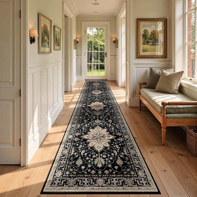 Area Rugs 3'x12' Runner Rug Non Slip Washable for Kitchen Hallway Bedroom Beside Laundry Room Bathroom Rug, Floor Carpet, Black Brown Neutral Dark Tan