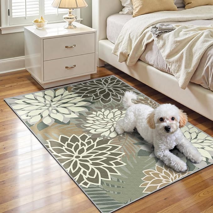 Arenarug 2x3 Washable Small Rug Tropical Botanical Modern Floral Indoor Chenille Door Mat Carpet Non Slip for Patio, Entry Way, Entrance, Porch, Taupe