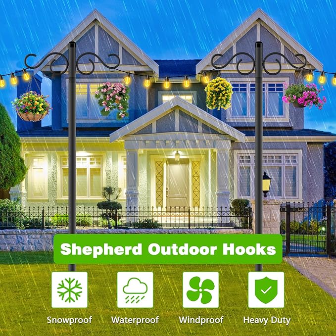 RCUICA Double Shepherds Hooks for Outdoor,1 Pack 55 Inch Bird Feeder Pole with 5 Prongs Base,Heavy Duty Shepherds Hook,Suitable for Garden in Hanging Flower Basket,Lantern,Bird Nests (1 Pack 55 inch)