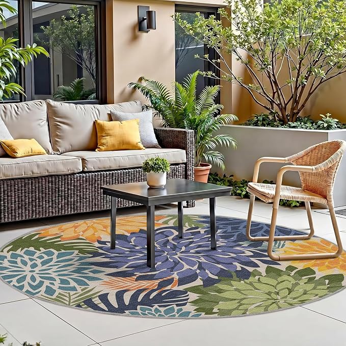 Colorful 6x6 Outdoor Area Rug Washable Multicolored Patio Rug Tropical Botanical Floral Chenille Waterproof Outdoor Carpet for Living Room, Deck, Backyard, Porch, Green