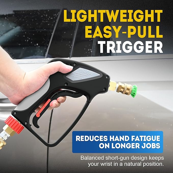 TOOLCY Pro Short Pressure Washer Gun 5000 PSI with 360° Swivel,3/8" Quick Connect Inlet, High Pressure Washer Gun with 1/4" Quick Connect Outlet, Includes 3/8" QC to M22-14mm Adapter & 5 Nozzle Tips