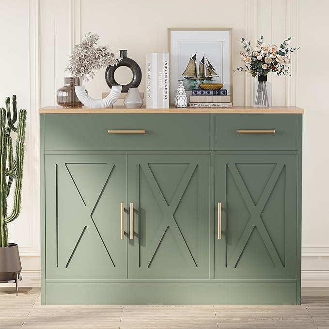 Shintenchi Modern Farmhouse Sideboard Buffet Cabinet with Storage with 3 Doors,42" Barn Doors Buffet Cabinet with Storage, Wood Coffee Bar Cabinets with Adjustable Shelf for Kitchen Living Room,Green