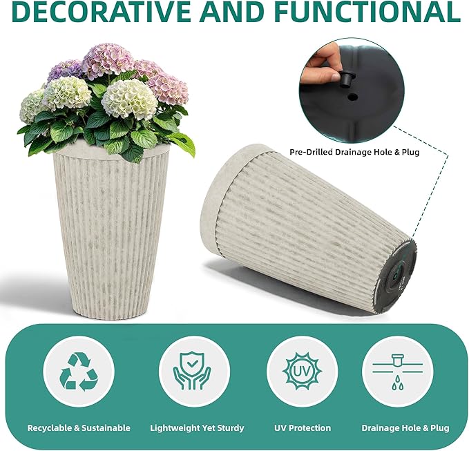 20" Resin Tall Planters for Outdoor Plants,Set of 2 Vintage Ivory Large Flower Pots with Handmade Fluted Texture,Heavy-Duty and Weather-Resistant for Porch Christmas Decor,Garden, Patio