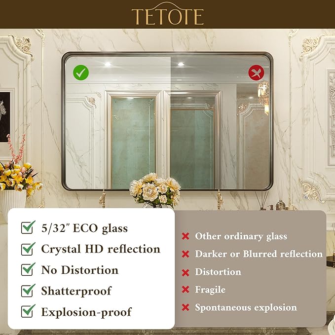 TETOTE Silver Bathroom Mirror, 36 x 36 Inch Wall Mounted Square Brushed Nickel