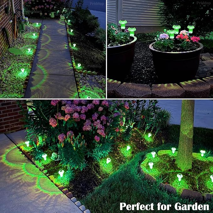 Priddop Solar Lights Outdoor Pathway Waterproof 8 Pack Green Stake LED Green Stake Acrylic Mushroom Decorative Garden Lights for Yard Landscape Patio Outside Decor