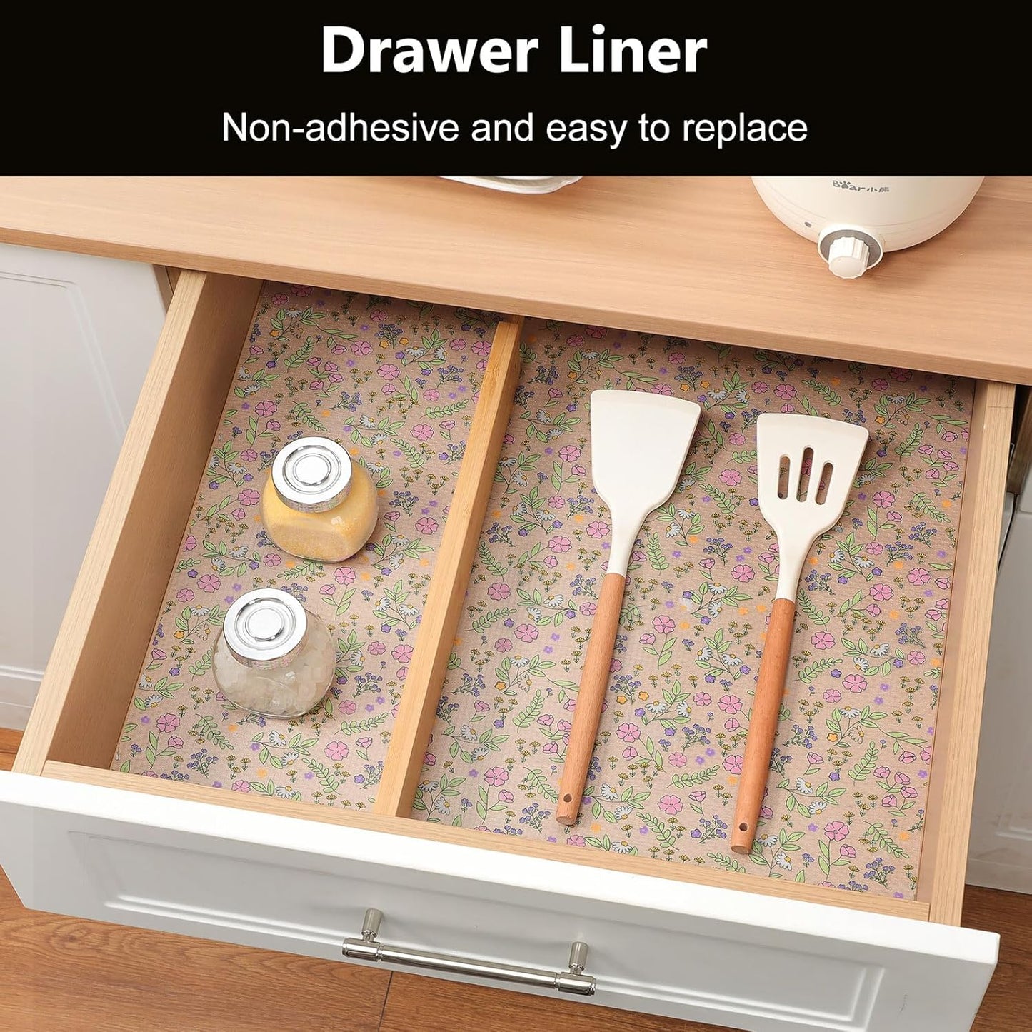 INNOLITES Non-Slip Shelf Liner – Cabinet & Drawer Liner Non-Adhesive – Waterproof Oil-Proof – Durable EVA with Floral for Kitchen Cabinets Refrigerator – BPA-Free, Easy to Cut 17.7" x 78.7"
