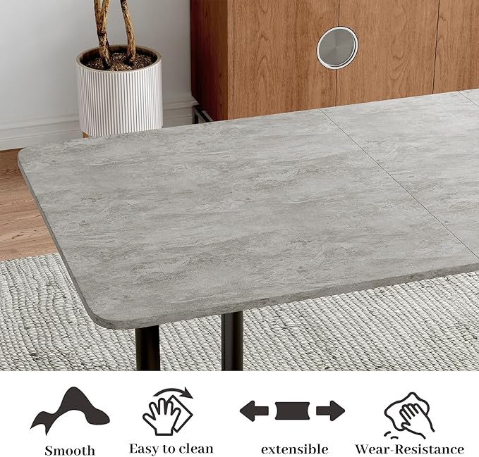 63"- 78.7" Extendable Dining Table with 6 Brown Dining Chairs, Modern Kitchen Table Set for 6, Thickened Expandable MDF Wooden Table with Metal Legs for Dining Room, Kitchen, Home