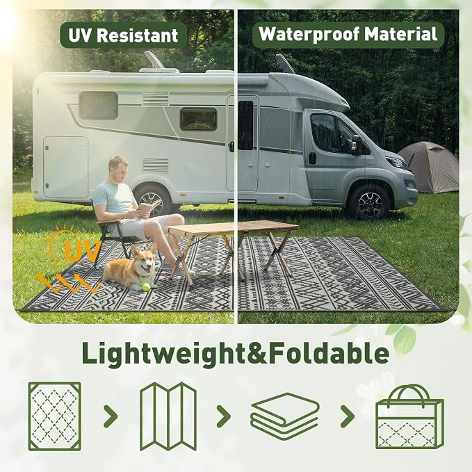 MontVoo-Outdoor Rug Waterproof 6x9 ft Outdoor Carpet Patio Rug Mat Reversible RV Camping Rug-Plastic Straw Rug Outside Outdoor Area Rug for Patio Deck Balcony Backyard Picnic Beach -Boho Grey