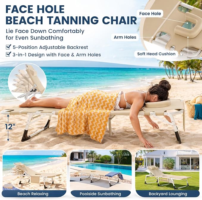 ABORON 4-in-1 Lounge Chair with Face & Arm Holes for Tanning, 440LB Heavy-Duty Folding Recliner with Plush Cotton Cushion, No Assembly Tri-Fold Guest Bed for Sunbathing, Poolside, Office Nap & Camping