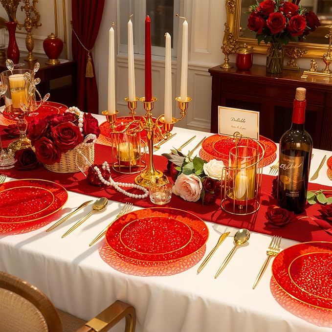 Rubtlamp 60 Pcs Red Plasitc Plates, Gold Red Disposable Plates, Fancy Party Plates, Hammered Plastic plates Include 30 Dessert Platos, 30 Dinner Platos for Party, Thanksgiving&Christmas