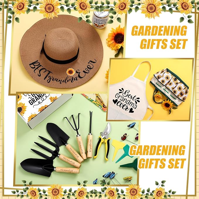 Lasnten 16 Pcs Mothers Day Garden Gift for Grandma Women Garden Tools Sunflower Birthday Gardening Supplies from Grandson Gloves Apron Insulation Cup Fork Trowel Tote Bags for Plant Lover Present