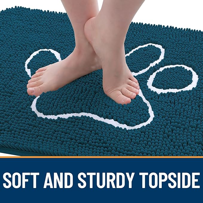 OLANLY Dog Door Mat for Muddy Paws 70x46, Paw Print Design, Absorbs Moisture and Dirt, Absorbent Non-Slip Washable Doormat, Quick Dry Chenille Mud Mat, Entry Indoor Entryway Carpet, Atlantic Blue