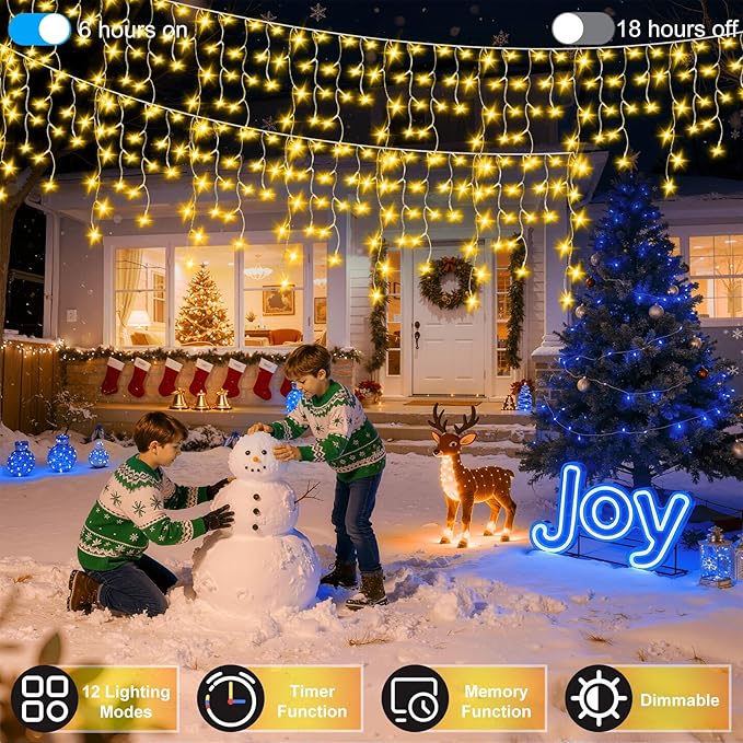 1332 LED 132FT Christmas Lights with 296 Drops, 12 Modes Dimmable Warm white Outdoor Hanging Lights with Timer Memory, Waterproof Curtain Lights for Home Bedroom Indoor Tree Window Roof Fence Wedding