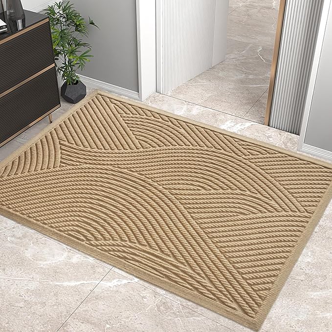 Sturdy Front Door Mat, Absorbent Muddy Dirt Resist Welcome Door Mats Outdoor Indoor, Stain and Fade Resistant, Non-Slip Backing Entry Mat Low Profile Doormat for Entryway, 47×32, Beige