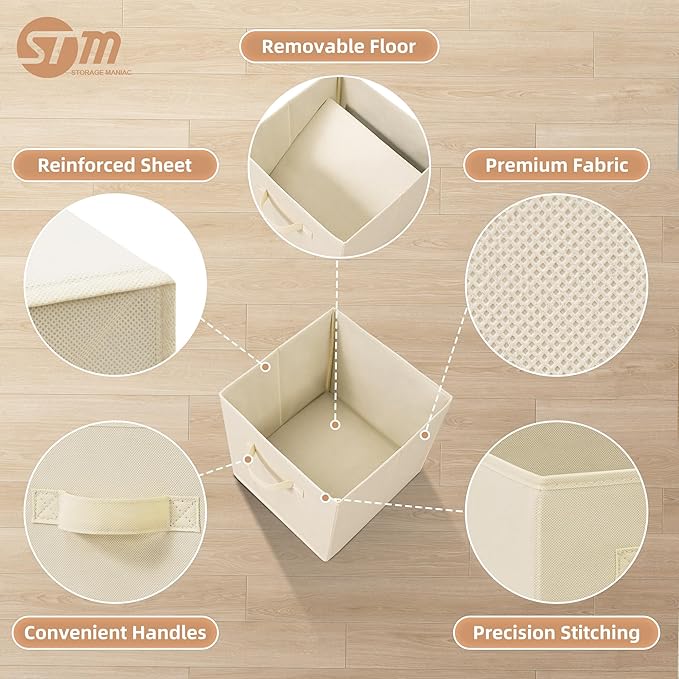 STORAGE MANIAC Storage Cubes, 11 Inch Collapsible Storage Bins with Handles, 4 Pack Fabric Foldable Bins for Organization, Durable Storage Bins for Closet, Shelves, Offices, Toys, 4-Pack Beige