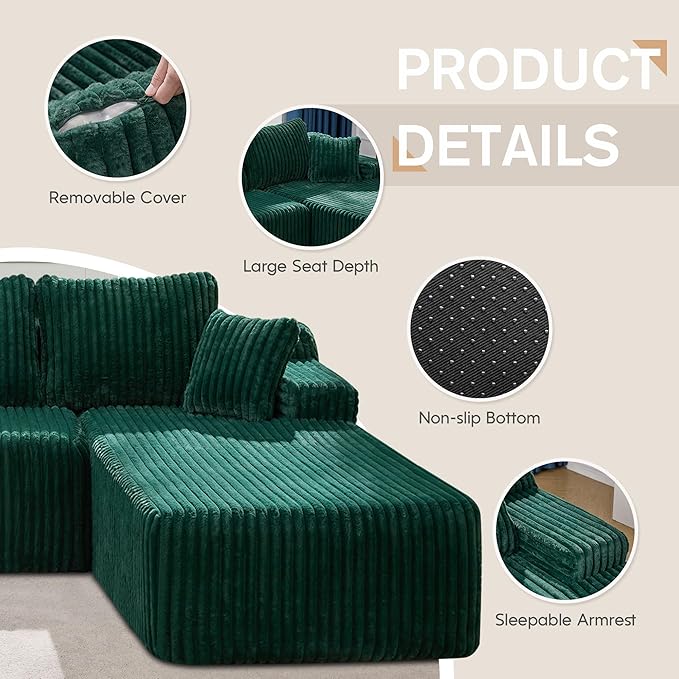 Hobestluk Modular Sectional Sofa Couches L-Shape Couch 3 Seat Modular Sofa Memory Foam Sectional Couches for Living Room, Cloud Couch with Oversized Chaise (108" Right Facing Chaise)